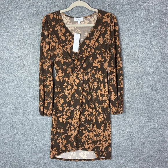 New Gilli Floral Mini Dress Womens Small Brown NWT Long Sleeve V-Neck Faux Wrap