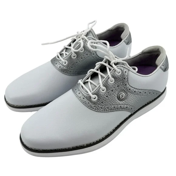 FootJoy FJ‎ Traditions Spikeless Golf Shoes White Silver Women 7M #97897 NWOB