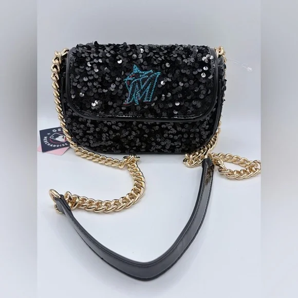 NEW Miami Marlins MLB Sequin Crossbody Bag Cuccio Gold Chain NWT
