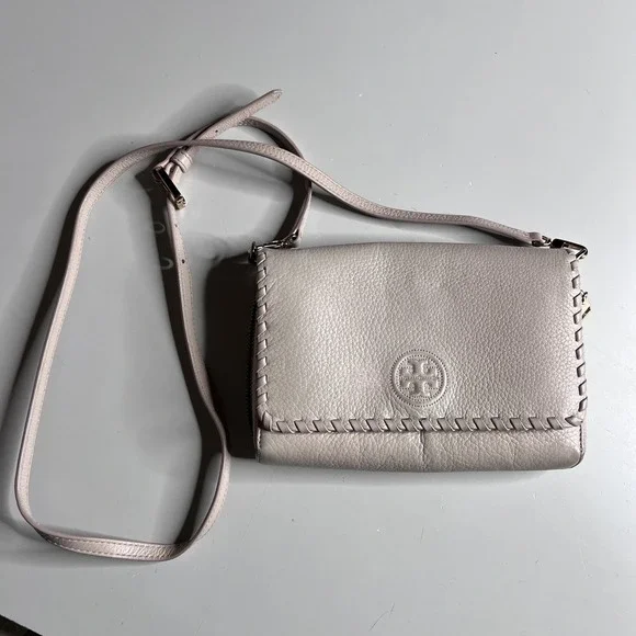Tory Burch Crossbody Bag Womens Small Beige Leather Flap Wallet Whipstitch Logo