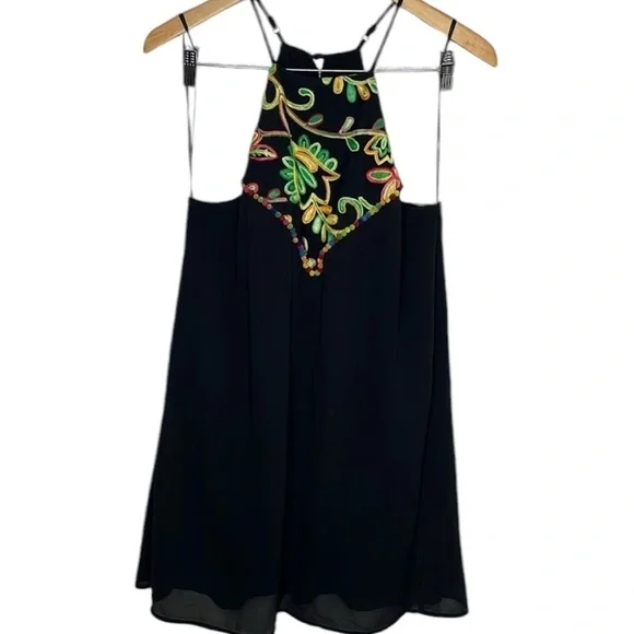 Lulu's Black High Neck Embroidered Pom Mini Dress Women Size L