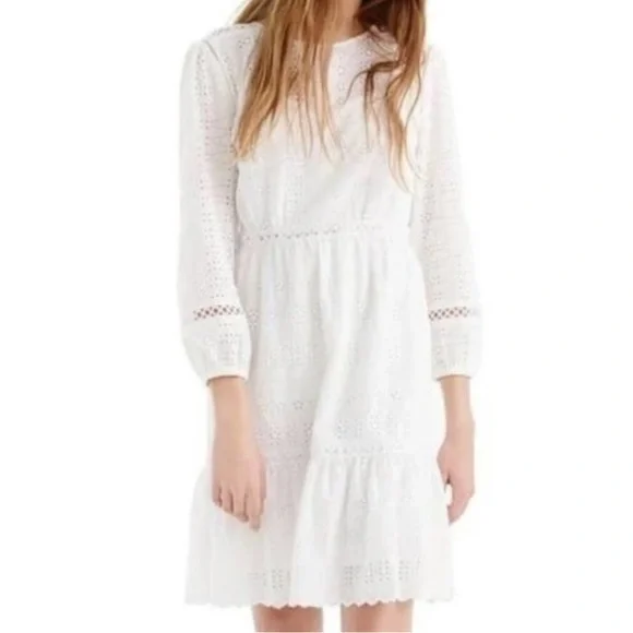 J. Crew White‎ Eyelet Cutout Long Sleeve Lined Dress Size 4