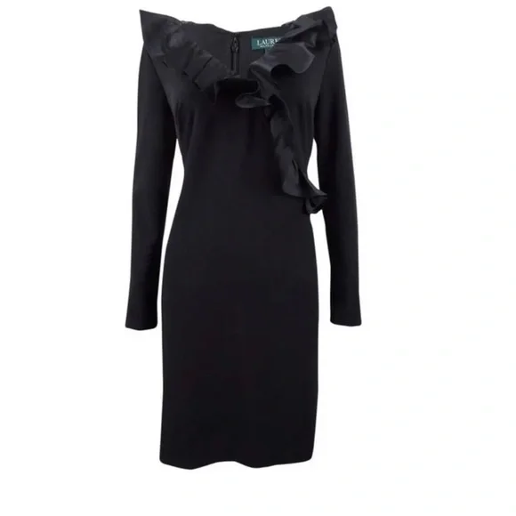 Lauren Ralph Lauren Sz 4 Black Ruffled Neck Faux Wrap Crepe Knit Sheath Dress