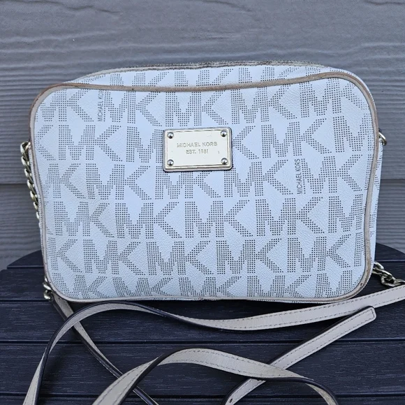 Michael Kors White Fulton Monogram Logo Crossbody Purse Gold Chain Small Bag