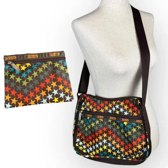 VTG‎ LeSportsac Hobo Bag Rainbow Star Print with Matching Pouch – Rare 2000s