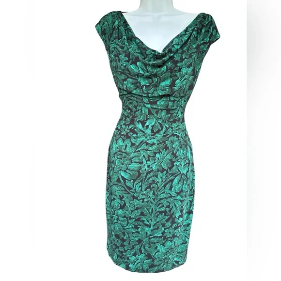 Ralph Lauren Stretch Bodycon Ruched Scoop Black Teal Floral Sheath Midi Dress