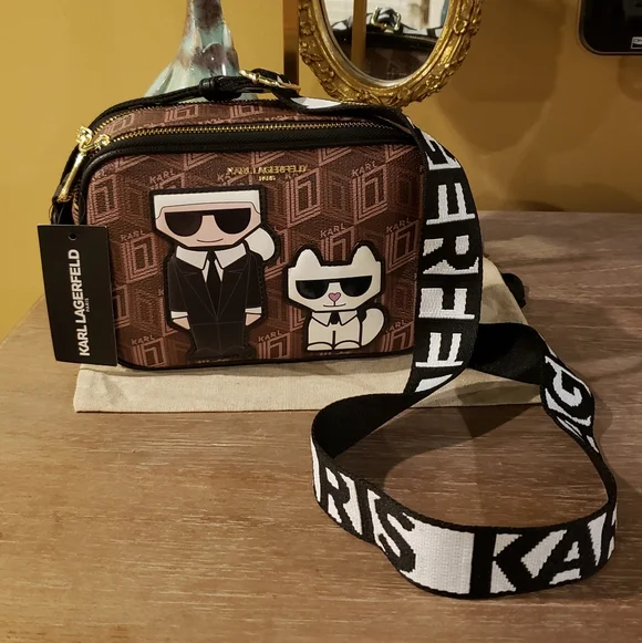NWT! Karl Lagerfeld Brown Geometric Crossbody Camera Bag Black & White Strap