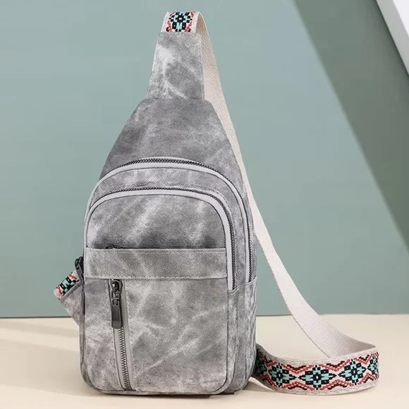 Gray Crossbody Bag with Patterned Strap NEW