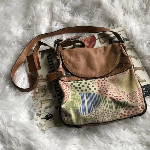 FOSSIL VINTAGE Multicolor‎ Canvas & Tan Leather Crossbody Bag
