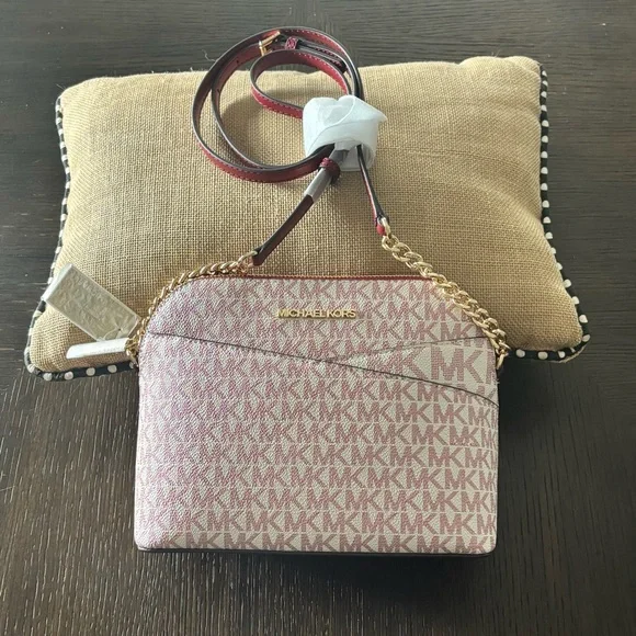 NWT Michael Kors Jet Set Travel Crossbody Cherry Multi MK Logo Gold Chain