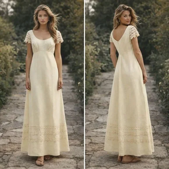 Vtg 70s House of Bianchi Empire Waist Maxi Dress XS Prairie Romantic Edwardian