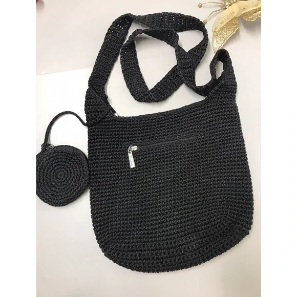 Divine Small Handmade Crocheted Crossbody with Attached Coin Purse Black 10