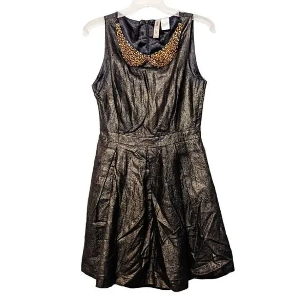 Alice Moon Womens‎ Sleeveless Bead Embellished Metallic Skater Dress Bronze Med