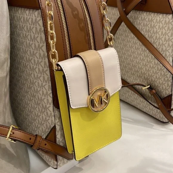 Michael Kors Carmen Small Color-Block Faux Leather Phone Crossbody Bag Sunshn