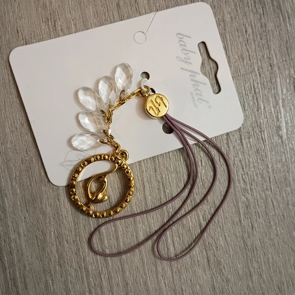 Baby Phat Gold Charm Phone Strap with Clear Crystal Drops and Mauve Cords