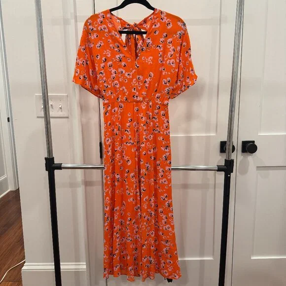 Whistles Vibrant Orange Floral Print Midi Dress, Size 2