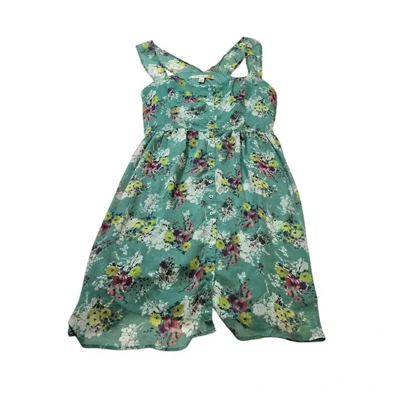 LC Lauren Conrad Teal Floral Button Front Fit Flare Dress Size 16 Sleeveless