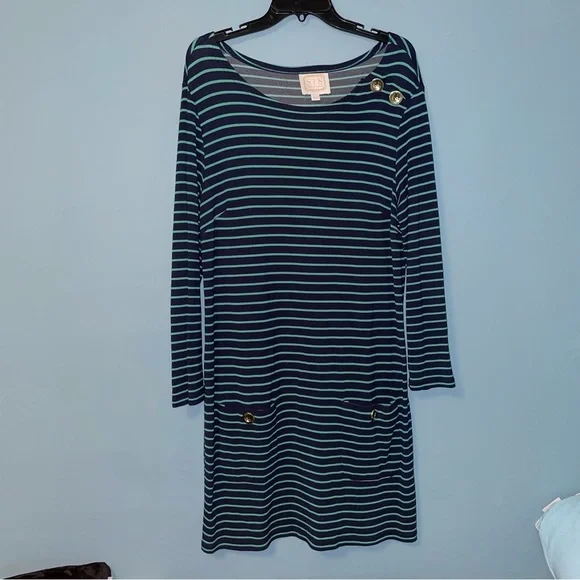 STS Sail to Sable Striped Nautical Jersey Dress with Patch Pockets Size Large