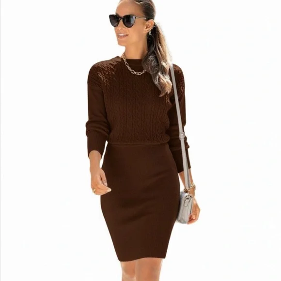 Lascana Womens Cable Knit Sweater Dress Brown