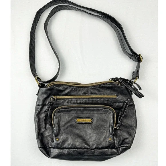 Stone & Co Black Faux Leather Crossbody Bag Multi Zip Adjustable Strap Pocket