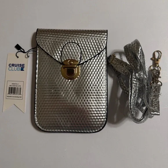 Cruise Club Metallic Silver Crossbody Pouch/Bag with Gold Lock. 2 Compartments