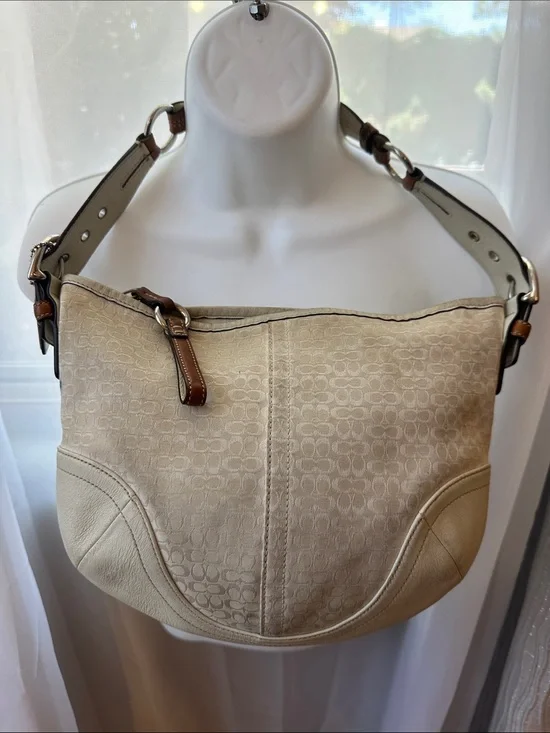 Coach Cream Signature Canvas Hobo with Brown Leather Trim