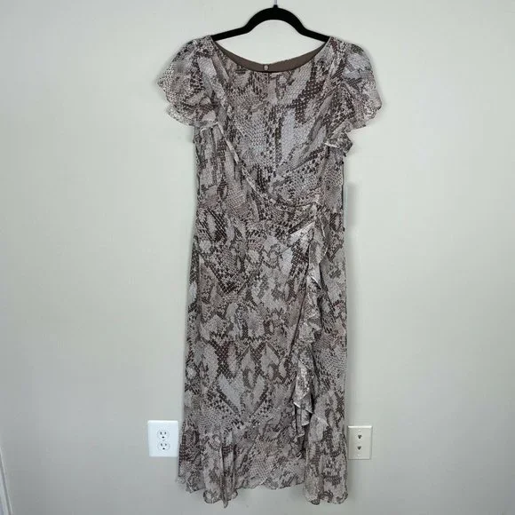 Vince Camuto Womens Printed Chiffon Midi Dress 8 Ruffle Flutter Sleeve Snakeskin