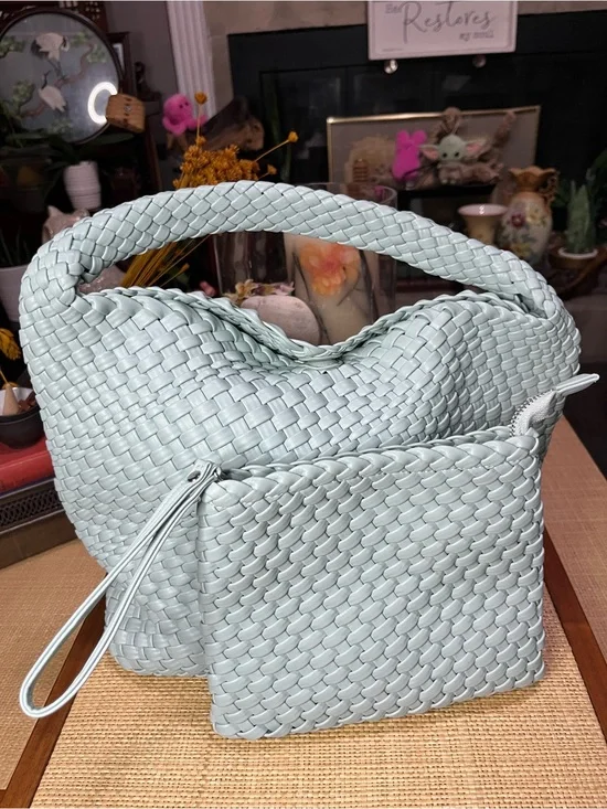 New! Rachel Zoe Woven Hobo Bag with Matching Pouch - Mint Green