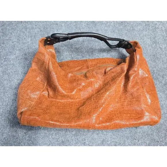 Lola Bernard Hobo Bag Brown Leather Croc Embossed Medium Purse Black Liner