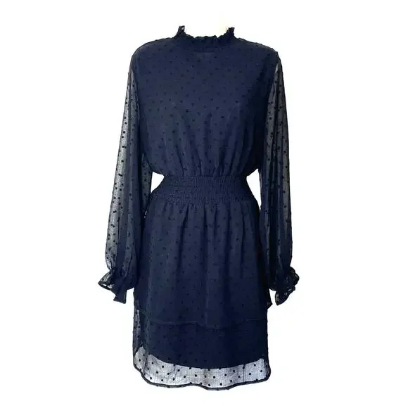 Short Black Dress, She and Sky, Swiss‎ Dot, Sheer Sleeves, High neck, Size Large