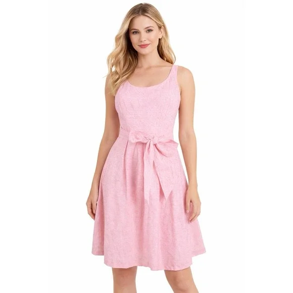 Nine West Pink Fit‎ Flare Dress Sleeveless Scoop Neck Tie Waist Size 4 Skater