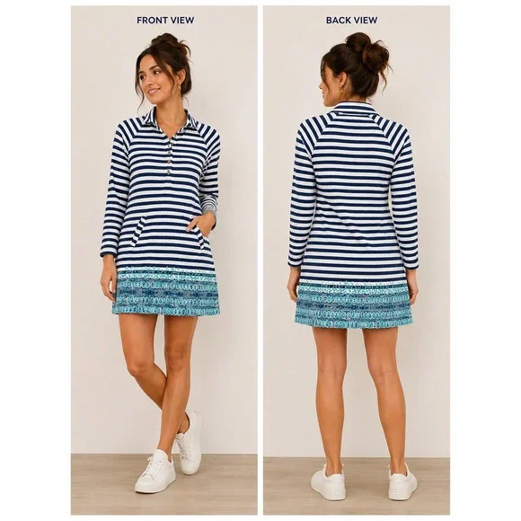Lilly Pulitzer Women Dress Striped French Terry Navy White Blue Border Print M