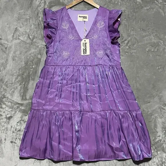 NWT Savanna Jane Iridescent Embroidered Mini Dress Size M Purple Fairycore Boho