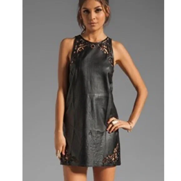 Shakuhachi leather Embroidered shift dress‎ Black Size medium