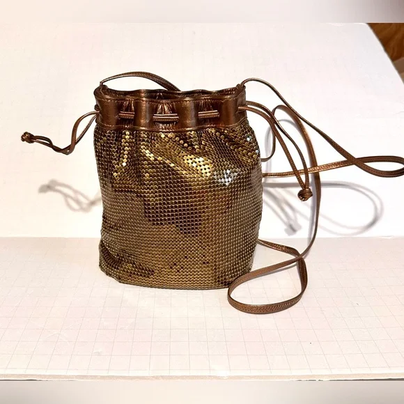 Vintage Whiting & Davis Drawstring‎ Bucket Bag Purse Small Bronze Mesh