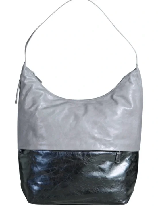 HOBO Joyce Large Leather Teo Toned Shoulder Bag Stone Black Zip Top