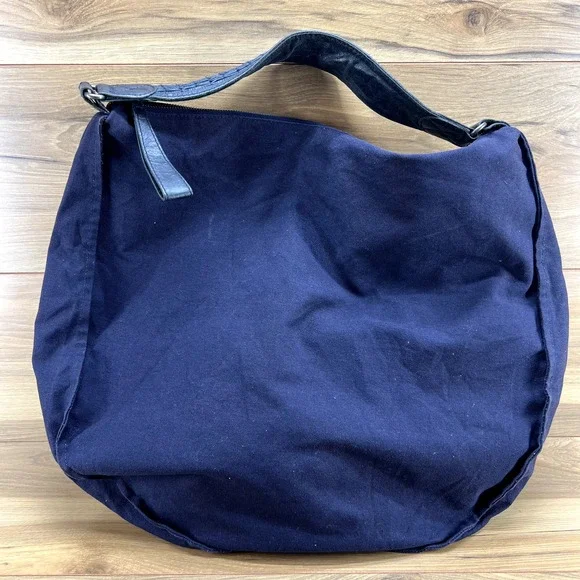 J Jill Large Navy Cotton Leather Trim Hobo Slouchy Shoulder Bag Zip