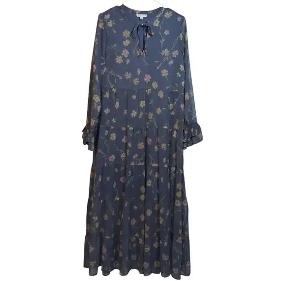 Patrons of Peace Blue Floral Bishop Sleeve Midi Semi Sheer Size M