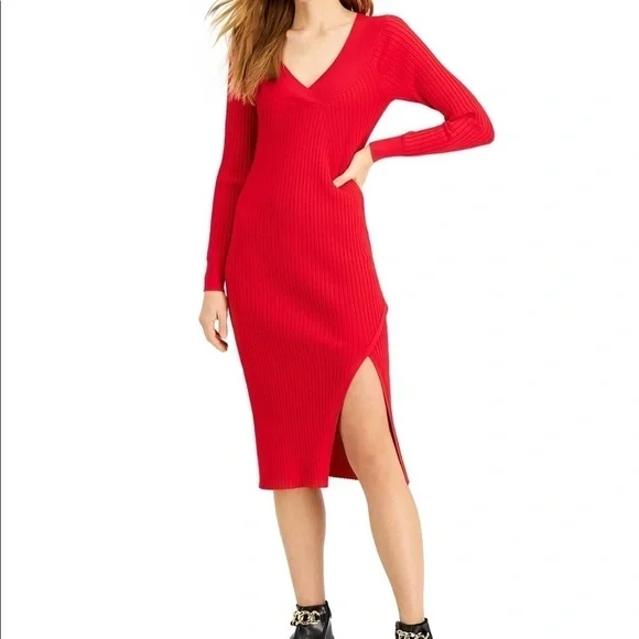 INC Red Ribbed Long Sleeves Sweater Dress Size XL Holiday