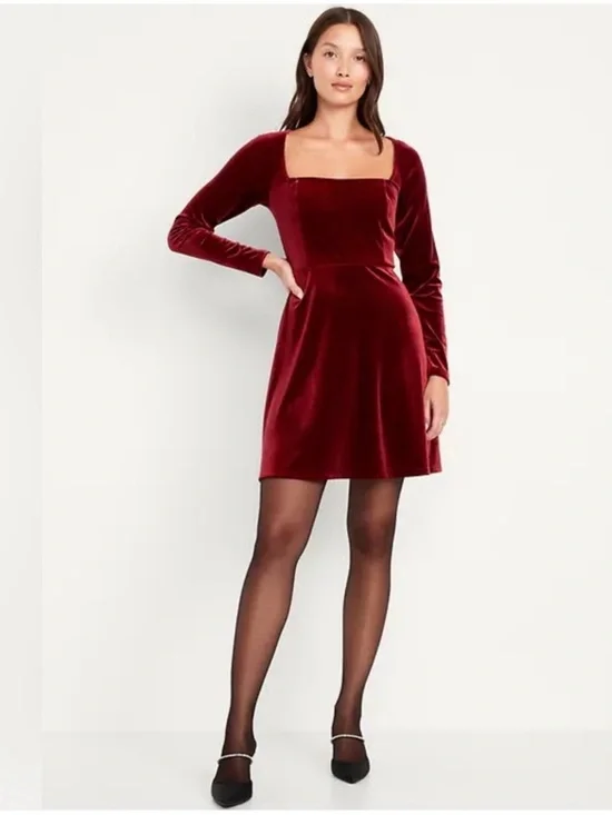 Old‎ Navy Red Velvet Mini Dress XL Fit Flare Square Neck Goth Whimsigoth