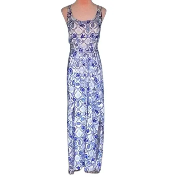 ISAAC MIZRAHI Women Linen Blend Long Dress w/ Pockets / Coverup Sz: XL Blu/Wht