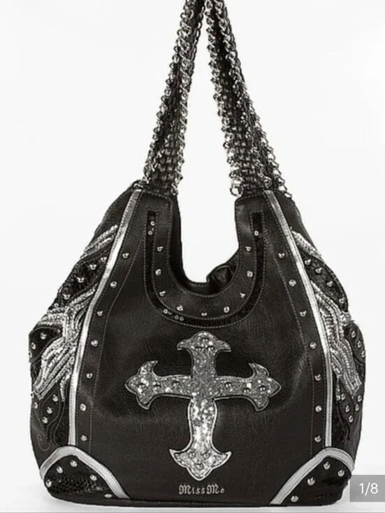 Miss Me Black Faux Leather Cross Sequin Hobo Bag