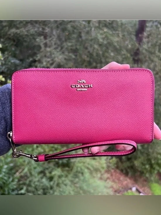 COACH Long Zip-Around Phone Wristlet Wallet Pink Crossgrain Leather w Gold