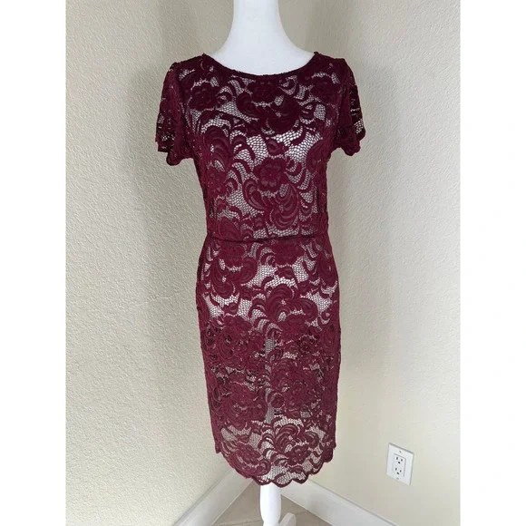Ambiance Lace Sheath Dress Women L Burgundy Floral Romantic Coquette Gothic