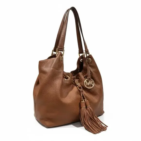 Michael Kors Camden Luggage Brown Drawstring Hobo Bag Fringe Tassel Gold NWOT