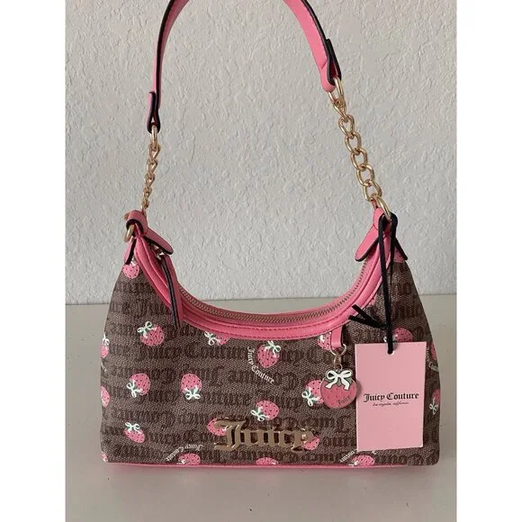 Juicy Couture Berry Sweet Hobo Bag Chestnut Chino‎ W/Strawberry Charm NEW