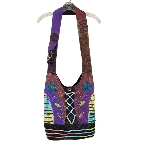 KPC Boho Hippie‎ Hobo Bag Crossbody Flowers Peace Symbol Whimsigoth Pockets
