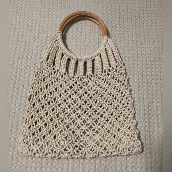 Vintage Crochet Macrame Bag Round Wood‎ Handles Boho Fall Winter Halloween