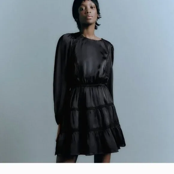 Zara Elegant Black Long Sleeve Tiered Dress