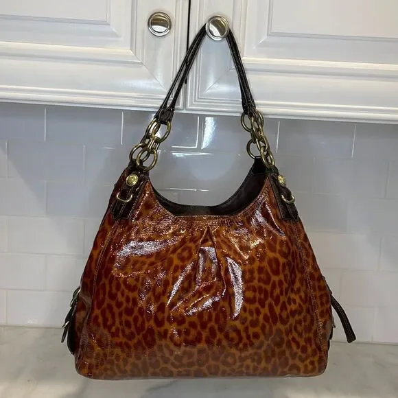 Coach Purse Handbag Leather Maggie Mia Ocelot Gloss Patent Hobo Shoulder Bag